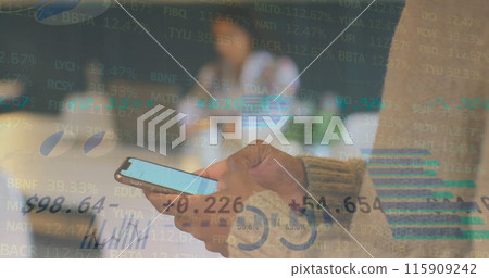 Image of financial data processing over biracial businessman using smartphone 115909242