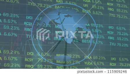 Image of financial data processing over globe and wind turbine 115909246