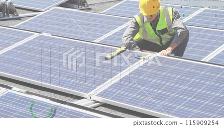 Image of financial data processing over caucasian engineer and solar panels 115909254