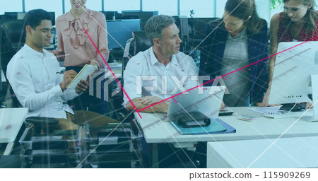 Image of financial data processing over diverse businesspeople in office 115909269