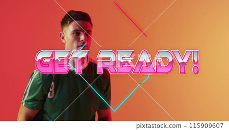 Image of get ready text with shapes over caucasian male soccer player bouncing ball 115909607
