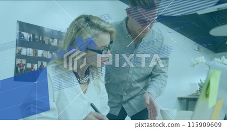 Image of data processing over caucasian businessman and businesswoman 115909609