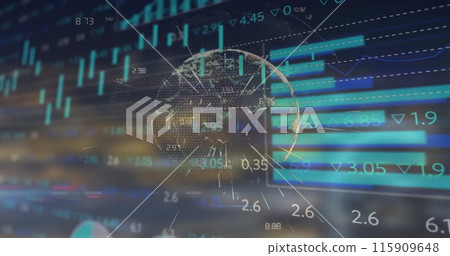Image of data processing, diagrams and stock market over globe Image of data processing, diagrams and stock market over globe 115909648