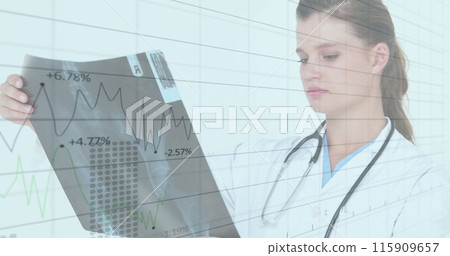 Image of data processing over caucasian female doctor in hospital Image of data processing over caucasian female doctor in hospital 115909657