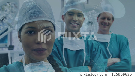 Image of data processing over diverse male and female surgeons in hospital 115909659