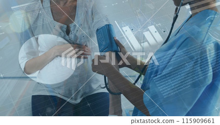 Image of data processing over diverse female doctor and patient in hospital 115909661