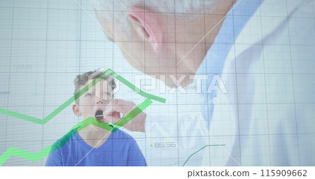 Image of data processing over caucasian male doctor and boy patient in hospital 115909662