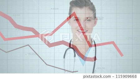 Image of data processing over caucasian female doctor in hospital 115909668