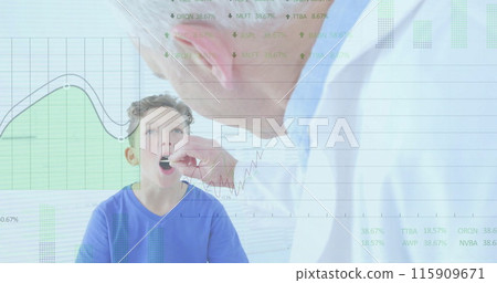 Image of data processing over caucasian male doctor and boy patient in hospital Image of data processing over caucasian male doctor and boy patient in hospital 115909671