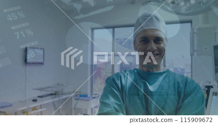 Image of data processing over caucasian male surgeon in hospital 115909672
