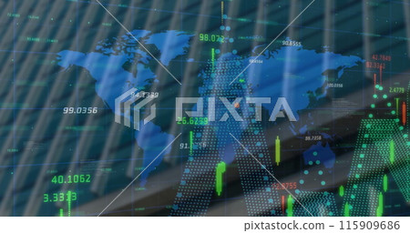 Image of data processing, diagrams and stock market over world map and cityscape Image of data processing, diagrams and stock market over world map and cityscape 115909686