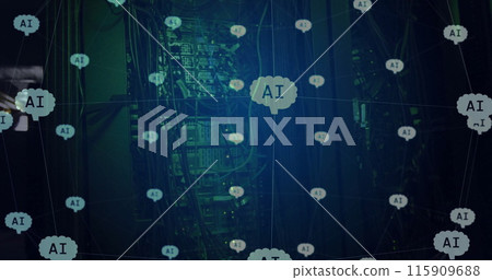 Image of globe with connections and ai icons over computer servers Image of globe with connections and ai icons over computer servers 115909688