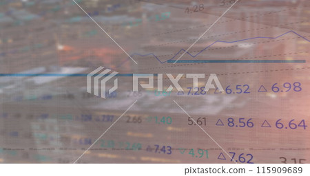 Image of data processing, diagrams and stock market over cityscape Image of data processing, diagrams and stock market over cityscape 115909689