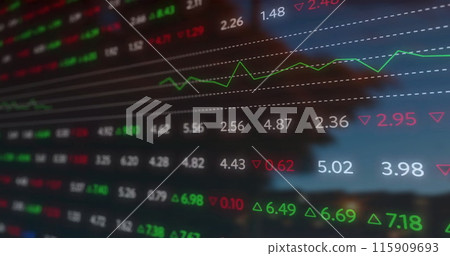 Image of data processing, diagrams and stock market over cityscape Image of data processing, diagrams and stock market over cityscape 115909693