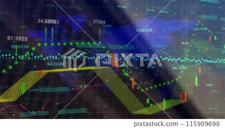 Image of data processing, diagrams and stock market over world map Image of data processing, diagrams and stock market over world map 115909698