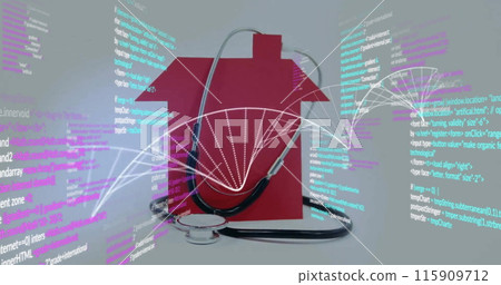 Image of dna strand, stethoscope, house and data processing 115909712