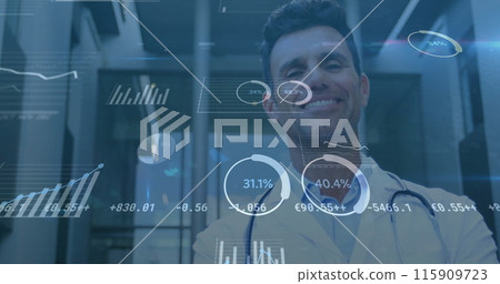 Image of data processing over caucasian male doctor Image of data processing over caucasian male doctor 115909723