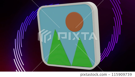 Image of 3d photo landscape icons rotating over purple spiral on black background Image of 3d photo landscape icons rotating over purple spiral on black background 115909739
