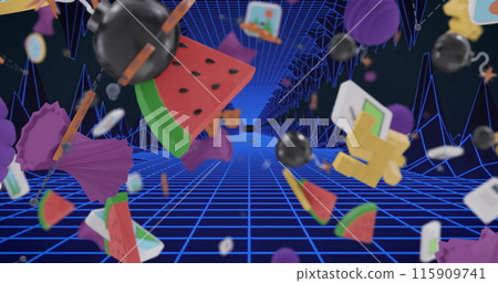 Image of 3d media icons tumbling over blue digital grid and landscape 115909741