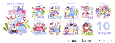 Gen Z Lifestyle set. Digital natives engaging in modern activities. Online presence, wellness, eco-consciousness, and social interaction. Vector illustration. 115909748