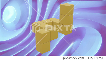 Image of 3d block structure floating over undulating blue grooved background Image of 3d block structure floating over undulating blue grooved background 115909751