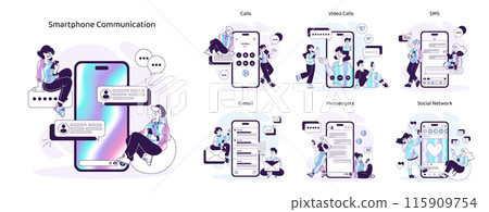 Smartphone Communication set. Modern digital interaction through diverse channels. Engage in calls, video chats, emails, instant messaging, and social media. Vector illustration Smartphone Communication set. Modern digital interaction through diverse channels. Engage in calls, video chats, emails, instant messaging, and social media. Vector illustration 115909754