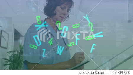Image of financial data processing over caucasian female doctor 115909758