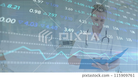 Image of data processing over caucasian female doctor 115909761