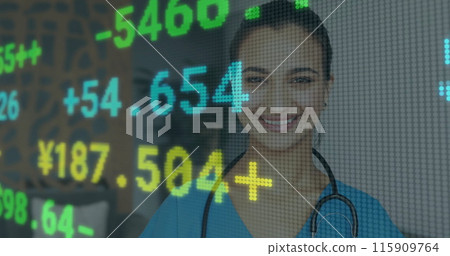 Image of financial data processing over caucasian female doctor Image of financial data processing over caucasian female doctor 115909764