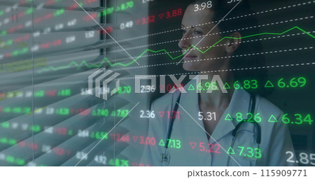 Image of data processing over caucasian female doctor 115909771