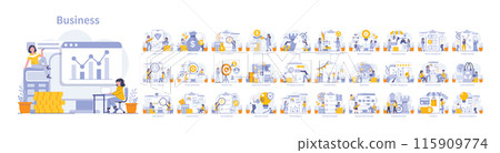Business set. Diverse corporate activities from analysis to e-commerce depicted. Strategic planning, investment, and resource management essentials. Vector illustration. 115909774