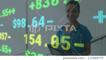 Image of data processing over caucasian female doctor 115909775