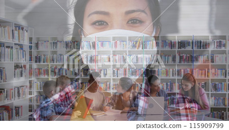 Image of Asian woman in mask for protection against coronavirus Covid 19 over Multi-ethnic group of 115909799