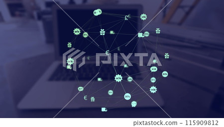 Image of web of connections with icons floating over a laptop computer lying on a table Image of web of connections with icons floating over a laptop computer lying on a table 115909812
