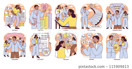 First Job set. Career start and workplace integration process. Job search, interview techniques, and corporate culture. Networking, teamwork, and skill development illustrated. Vector illustration. First Job set. Career start and workplace integration process. Job search, interview techniques, and corporate culture. Networking, teamwork, and skill development illustrated. Vector illustration. 115909813