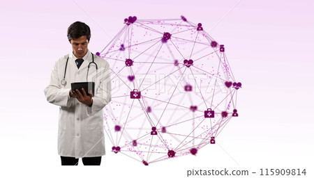 Image of network of connection with interface medical icons and a Caucasian male doctor using a tabl 115909814