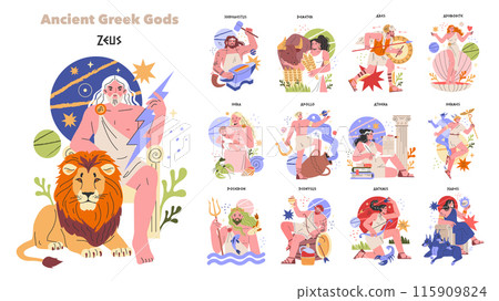 Ancient Greek Gods set. Pantheon of Olympians with symbolic attributes. Zeus with a lightning bolt, Athena with an owl, and others. Vector illustration. 115909824