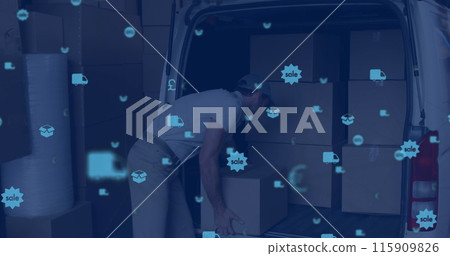 Image of digital icons floating over a caucasian delivery man packing boxes into a car Image of digital icons floating over a caucasian delivery man packing boxes into a car 115909826