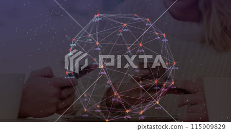 Image of web of connections with numbers floating over man and woman using smartphones 115909829