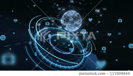 Image of web of connections with icons and circles floating on a black background 115909844