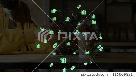 Image of web of connections with icons floating overa a woman using a digital tablet 115909851