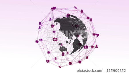 Image of web of connections with icons floating over spinning globe on a white background 115909852