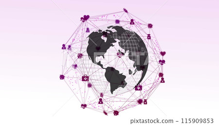 Image of web of connections with icons floating over spinning globe on a white background Image of web of connections with icons floating over spinning globe on a white background 115909853