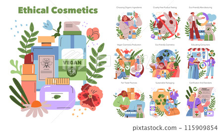 Ethical Cosmetics set. Sustainable beauty practices and cruelty-free products. Vegan ingredients and eco-friendly packaging. Vector illustration. Ethical Cosmetics set. Sustainable beauty practices and cruelty-free products. Vegan ingredients and eco-friendly packaging. Vector illustration. 115909854