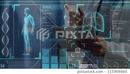 Digital interface with medical data processing against mid section of doctor using digital tablet Digital interface with medical data processing against mid section of doctor using digital tablet 115909860