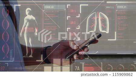Digital interface with medical data processing against mid section of doctor using smartphone Digital interface with medical data processing against mid section of doctor using smartphone 115909862