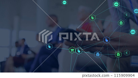 Image of web of connections with icons floating over hands of a man using a smartphone Image of web of connections with icons floating over hands of a man using a smartphone 115909904