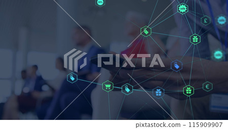 Image of web of connections with icons floating over hands of a man using a smartphone Image of web of connections with icons floating over hands of a man using a smartphone 115909907