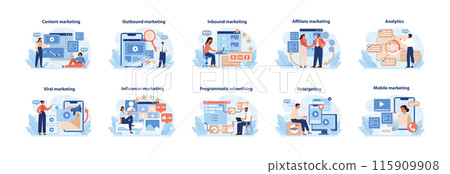 Digital Marketing Strategies Set. Vibrant illustrations depicting diverse online marketing tactics from content to mobile marketing. Flat vector graphics. 115909908