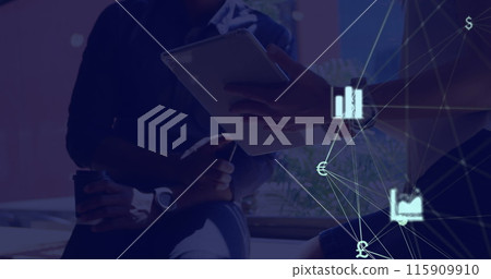 Image of web of connections with icons floating over two people using a digital tablet 115909910